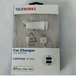 New Car Charger Dual USB Ports White 