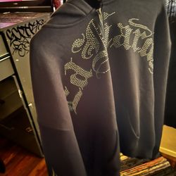 Ed Hardy Skull Flames Graphic Black Full Zip Cotton Hoodie Men's Size L