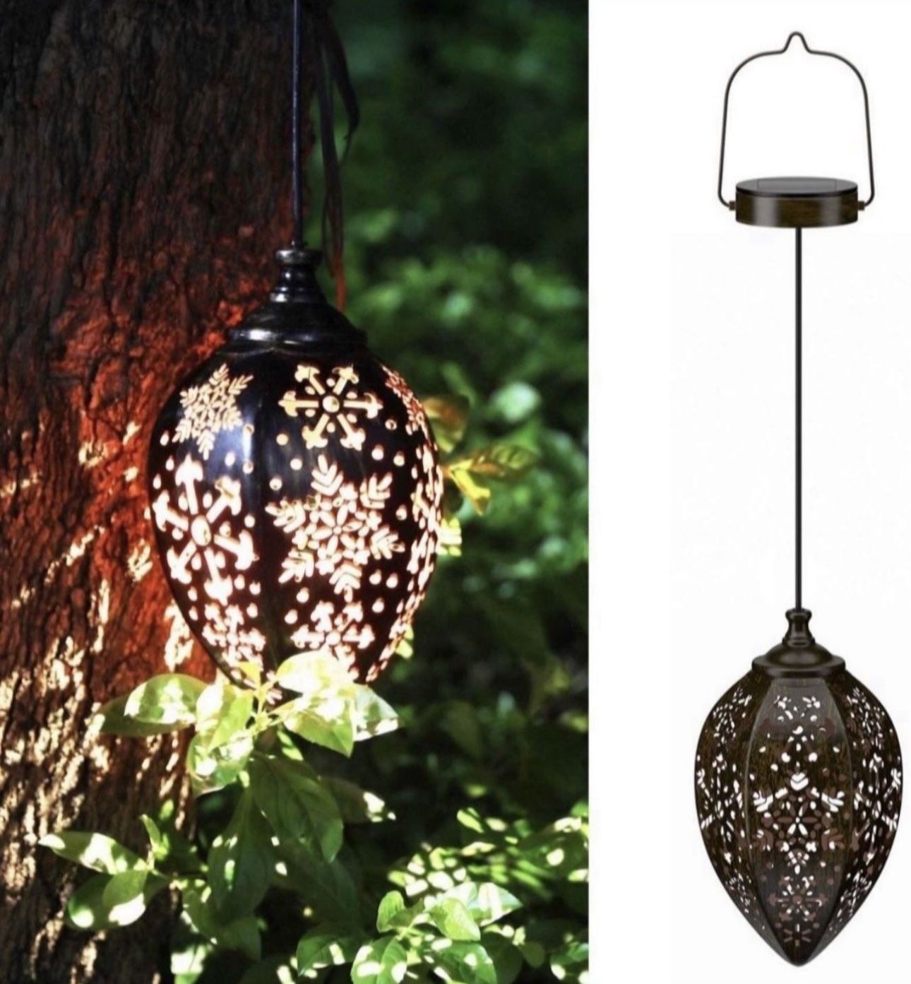 KOOPER Solar Lights Outdoor Decorative, Solar Lanterns Outdoor Hanging with Hollowed Pattern Metal Lamp Wireless Waterproof Decorative for Porch Garde