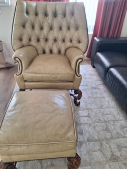 Tufted Leather Wingback Chair with Ottoman