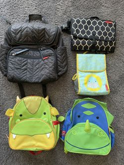 Skip Hop Backpack Diaper Bag, 2 Kids Backpacks, Lunch Bag, and Changing Station Bag - 5 Bags Total