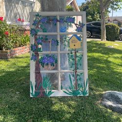 Vintage Framed Glass Window With Cottage Core Floral Art