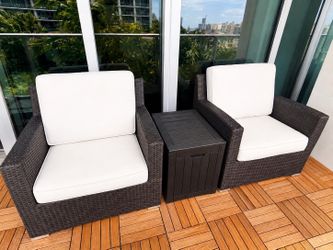 Kevin Charles Outdoor Patio Chair Set – 2 Wicker Club Chairs + Side Table – Cream Cushions
