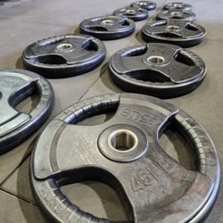 🔘 COMPLETE EASY GRIP OLYMPIC WEIGHT SET PAIRS OF 45s, 35s, 25s, 10s, 5s ( BRAND NEW IN THE BOX  )