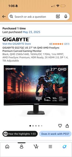 27 inch Gigabyte Curved Gaming Monitor QHD 165hz