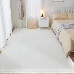 6x9 White Area Rug for Living Room, Fluffy Shaggy Rug for Bedroom, Anti-Skid High Pile Indoor Carpet