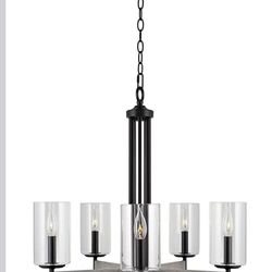 Modern 5-Light Chandelier Black Metal & Wood – Glass Shade Dining Room Ceiling Light Fixture