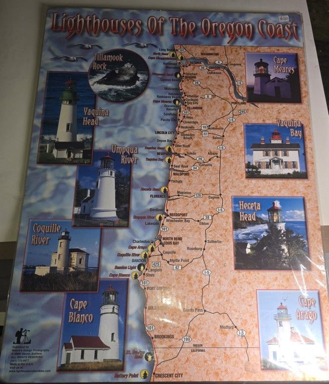 Lighthouses Of The Oregon Coast 16x24" Poster In VG Condition 