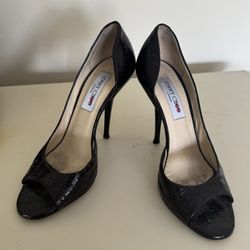 Jimmy Choo 37 Black Croc Embossed High Heel Peep Toe