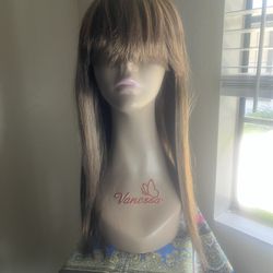 Long Golden Brown With Bangs Synthetic Wig