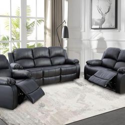Black Leather Fully Reclining Three Piece Couch Set