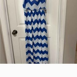 Ladies Takara Blue & White Chevron Maxi Dress