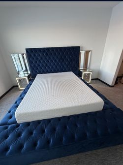 Blue Velvet King Bed Frame with Storage + 2 Mirrored Nightstands