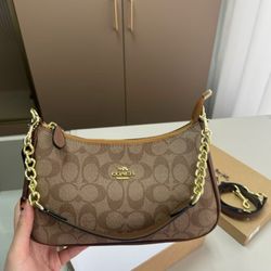 Coach Teri Leather Double C Embossed Carriage Logo Shoulder Bag