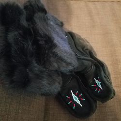 Suede Leather boots with soft Soles, Lamb fur inside, beading a d fur on shaft ( looks Native )