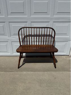 Vintage Solid Oak Windsor Style Bench | Spindle Back Hall Entry Bench | Farmhouse Deacon’s Bench