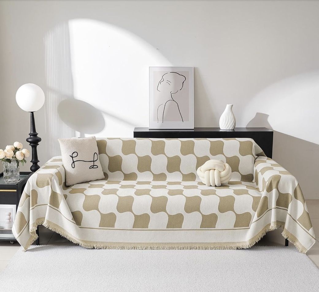 MEETSKY Couch Cover Modern Khaki White Plaid Jacquard Sofa Slipcover U Shape Sofa Protector for 3 Cushion Couch Sofa, Chenille Sofa Couch Coverfor Dog