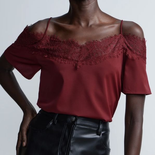 NEW YORK & COMPANY Short Sleeve Lace Trim Cold Shoulder Top XXL
