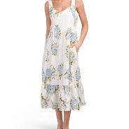 CYNTHIA ROWLEY Organic Linen Blend Roses And Hydrangea Midi Dress size 6
