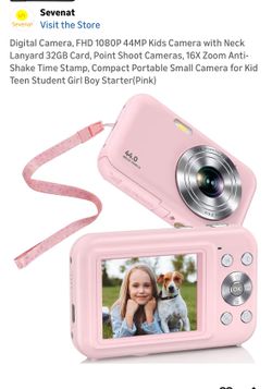 New! Digital Camera, FHD 1080P 44MP Kids Camera with Neck Lanyard 32GB Card, Point Shoot Cameras, 16X Zoom Anti-Shake Time Stamp, Compact Portable Sma