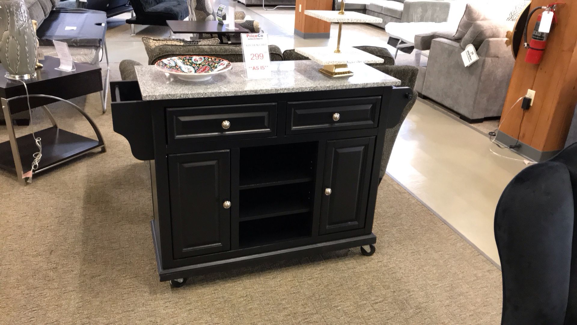 Black With Stone Top Kitchen Cart