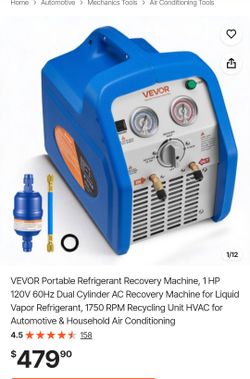 VEVOR Portable Refrigerant Recovery Machine, 1 HP 120V 60Hz Dual Cylinder AC Recovery Machine for Liquid Vapor Refrigerant, 1750 RPM Recycling Unit HV