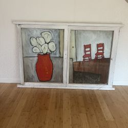 Water Color Abstract Art On Vintage Window 