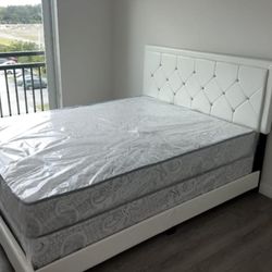 New Queen Bed Frame + Plastic Sealed Queen Mattress + Box Spring 