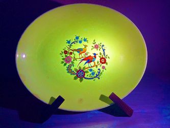 Vintage Uranium Glazed Cavitt-Shaw W. S. George Pottery Ceramic Platter Bird Pheasant Floral Foliage
