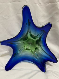 Vintage Murano Art Glass Bowl,Blue Green Sommerso Starburst,Mid-Century Decor