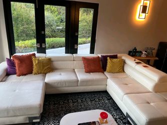 White Leather Sectional Sofa with Chaise