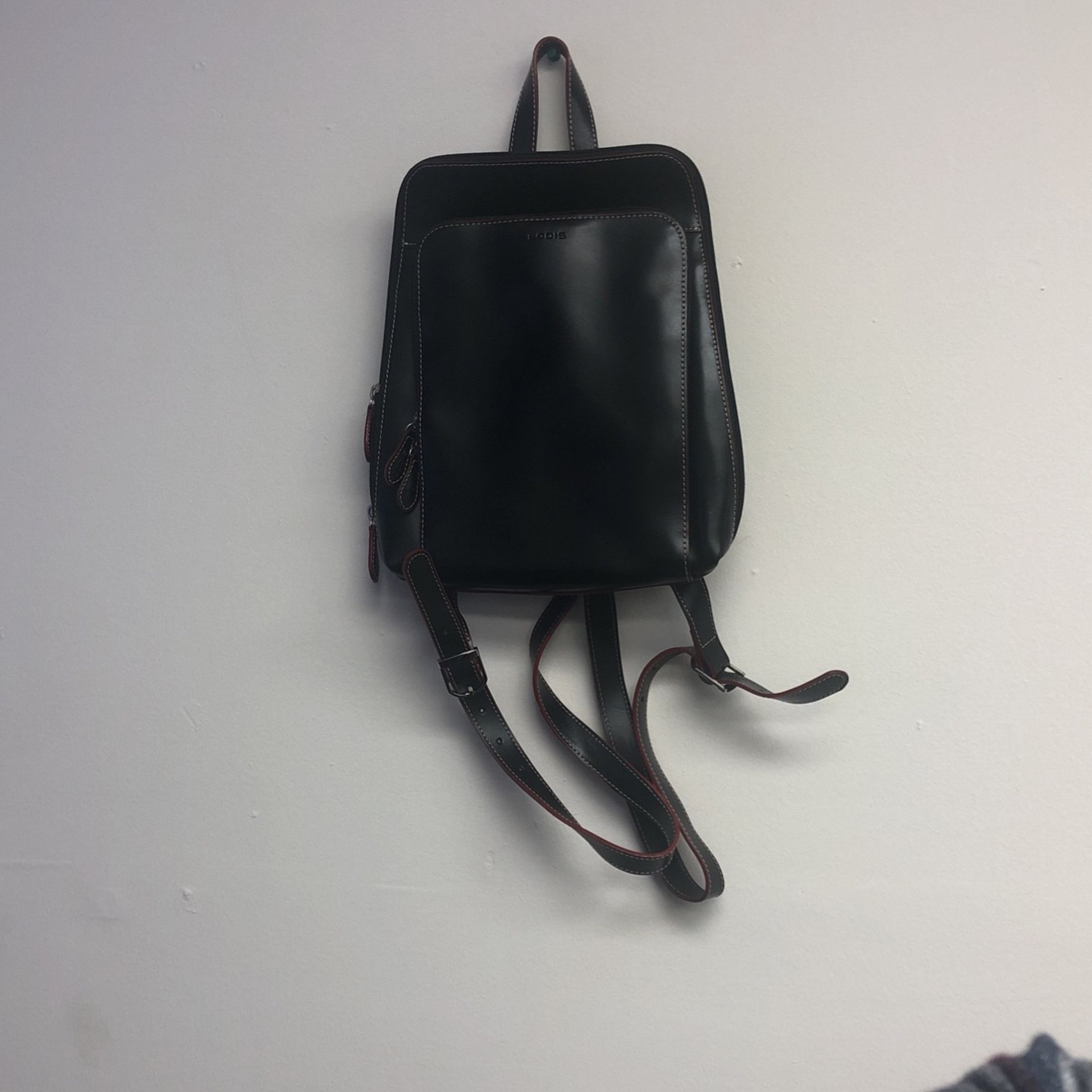 Lodis Slim Profile Black Leather Backpack Red Trim