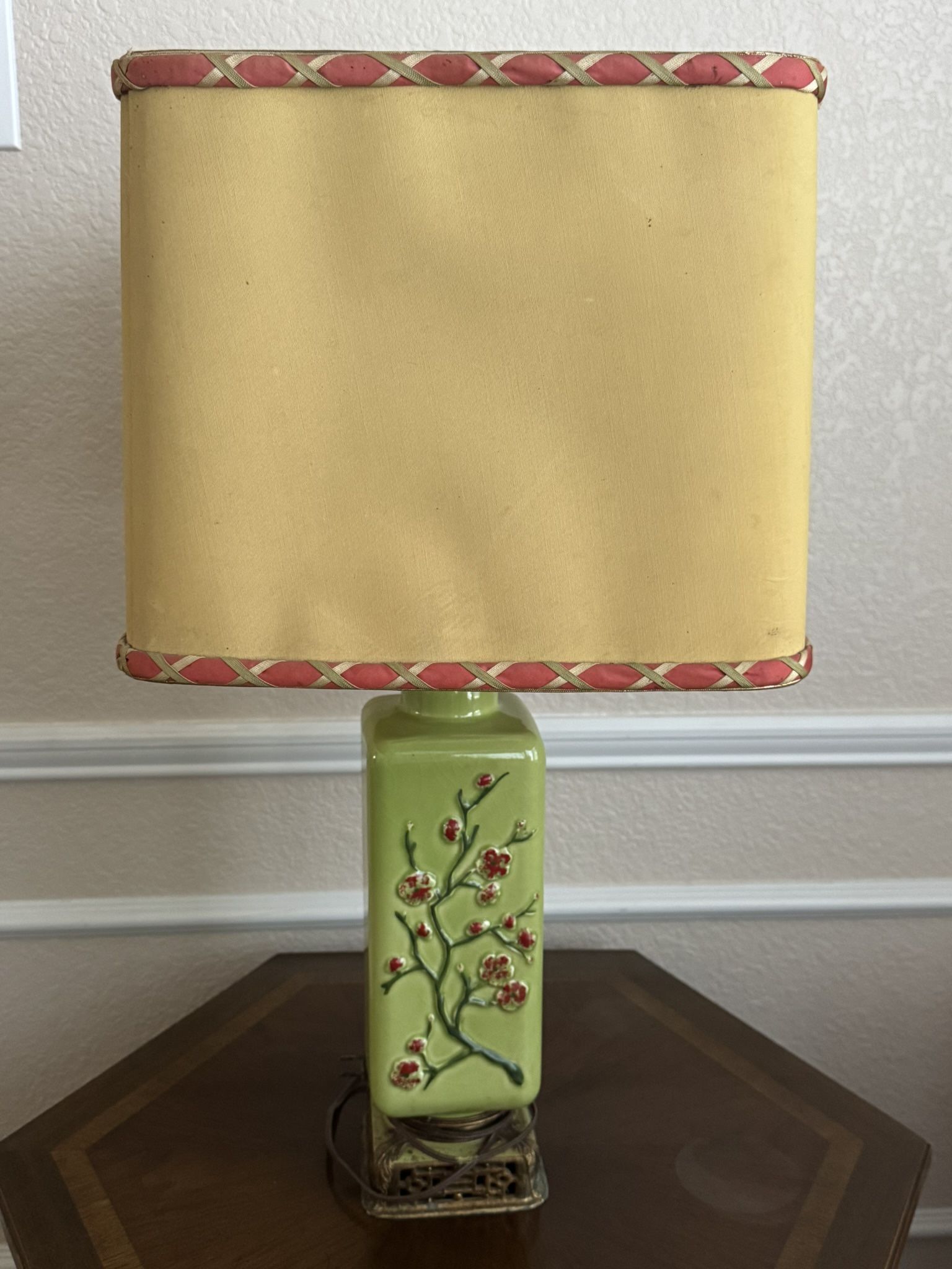 Vintage Green Table Lamp Handpainted Red Flowers