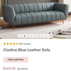 Clodine Blue Leather Sofa FINANCE AVAILABLE 