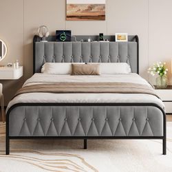 Full Size Velvet Bed Frame with Charging Station, with Upholstered Headboard & Footboard, Light Gray