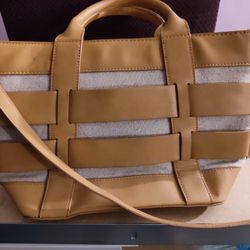 Miztique Brown Woven Handles Removable Strap Tote Purse Bag 