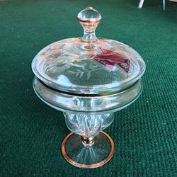 Gorgeous Vintage 7 inch Etched Glass Candy Compote Dish with Gold Gilded Rims Amazing!
