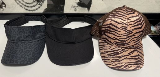 3-Piece Women’s Hat Lot – 2 Black Visors + Zebra Print Trucker Cap