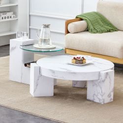 NEW WHITE Modern Durable Marble Textured MDF Coffee Table With One Side Table