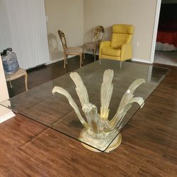 High-End Beveled Glass Table 4 x 6 w/Petal Motif and 4 Wood Chairs