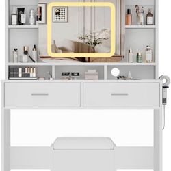Vanity Sliding Desk and Stool with Mirror