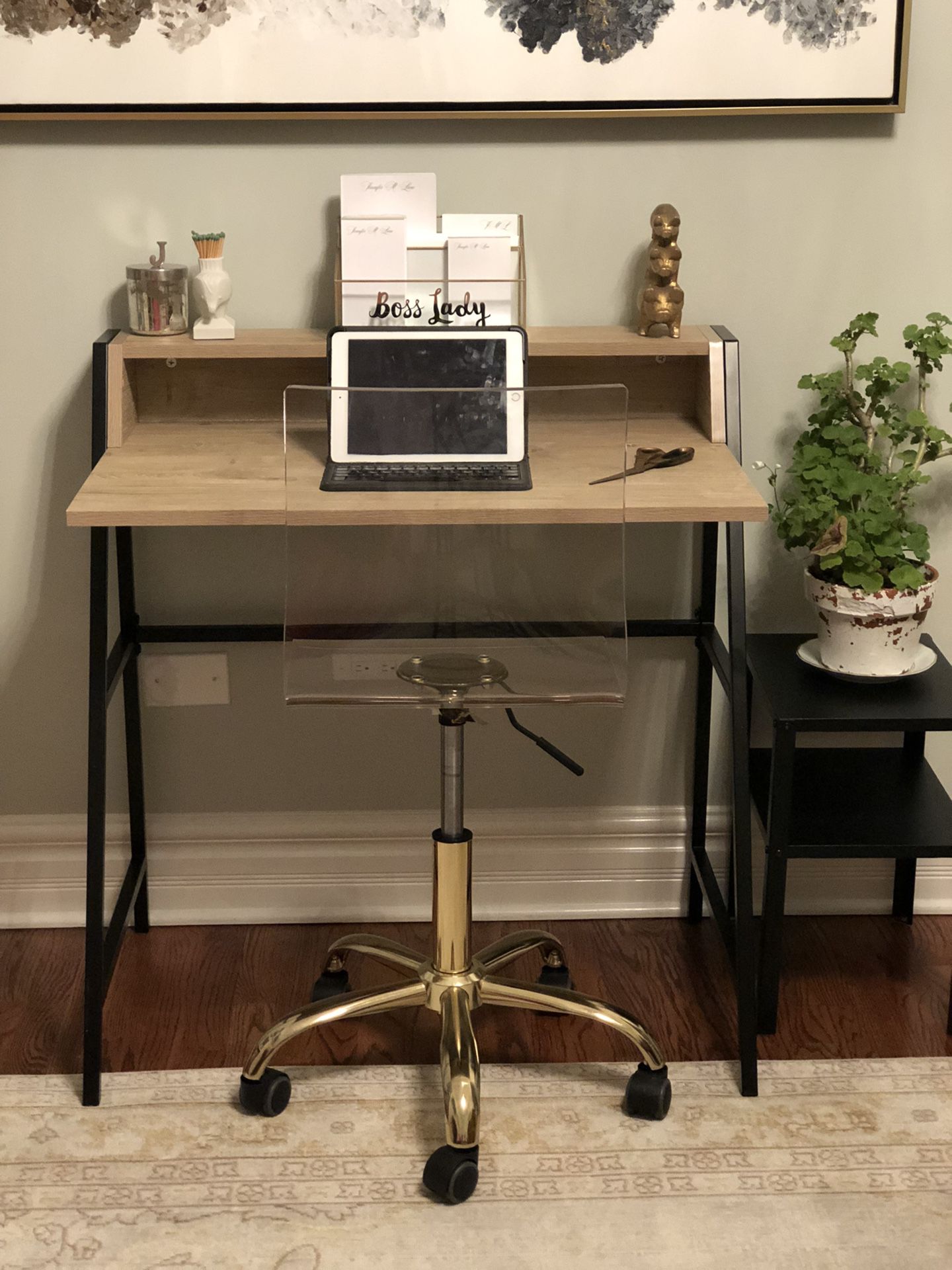 Desk Natural Wood Tone With Black Metal Frame 
