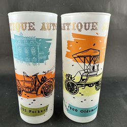2 Vintage Anchor Hocking Antique Autos Oldsmobile & Packard 16 oz Frosted Glass Tumblers