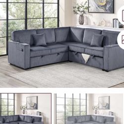 $528 Sectional Pull Out Bed With Storage USB Cup Holder Available,I Ivory,Dark Gray,Corduroy