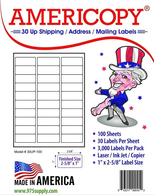 New Address Label Americopy 1x2 5/8" sz Model #30UP-100, 100 Sheets, 3000 Labels