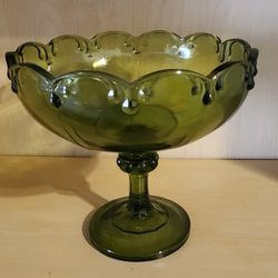 Vintage Indiana Glass Avocado Green Garland Compote, Pedestal Bowl 