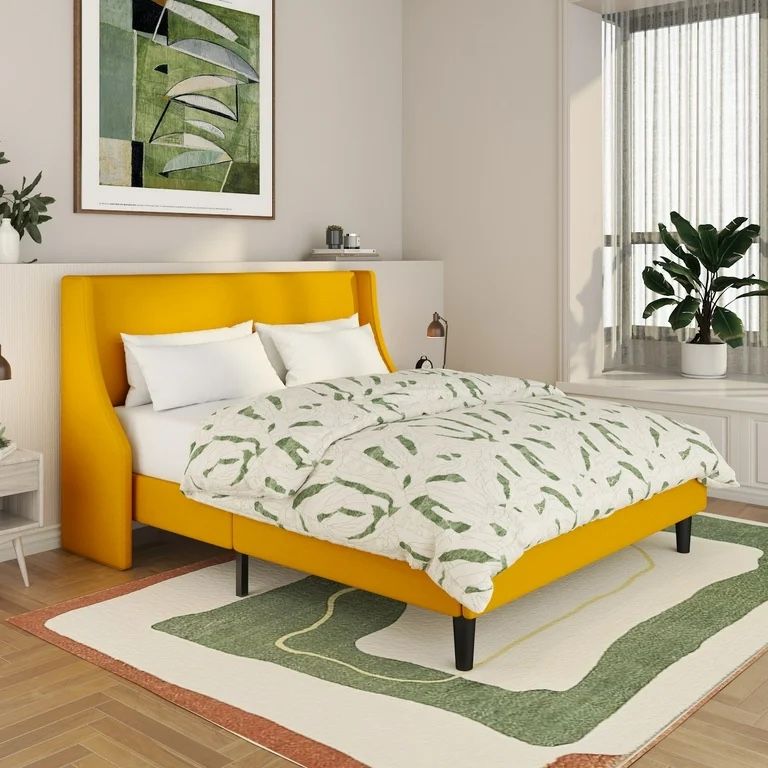 Queen Size Upholstered Platform Bed Frame with Wingback Headboard, Yellow, Adults