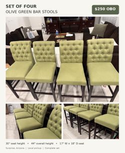 Set of 4 Olive Green Tufted Bar Stools – $250 OBO