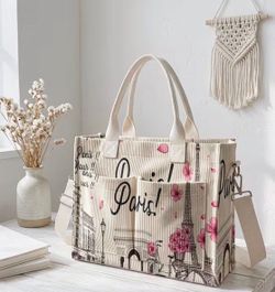 Paris Print Cordoroy Tote Bag with Crossbody Strap Please see size