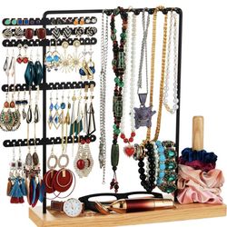 Kacodir Earring Holder Organizer 140 Holes Earring Organizer with Wooden Tray, 6 Hooks Jewelry Organizer Stand Jewelry Display Stand for Earrings Neck